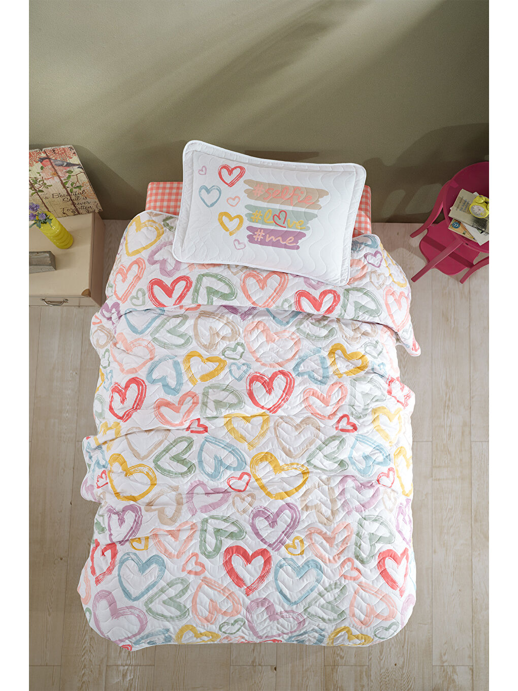 Pembe %100 Pamuk Tek Kişilik Yatak Örtüsü Seti Selfie