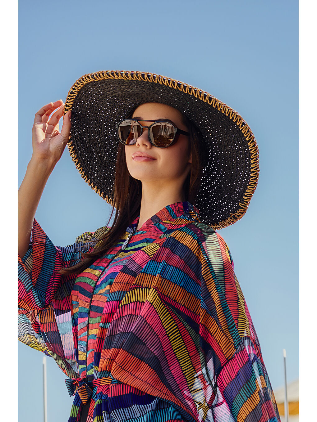 Zigzag Şerit Detaylı Hasır Plaj Şapkası RŞ-2103 Siyah03-4