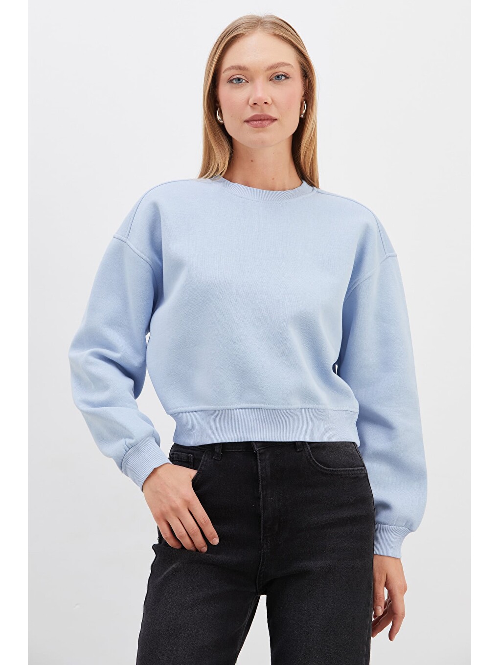 Mavi 3 İplik Basic Ribanalı Crop Sweatshirt