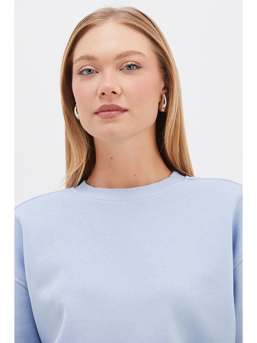 Mavi 3 İplik Basic Ribanalı Crop Sweatshirt-1