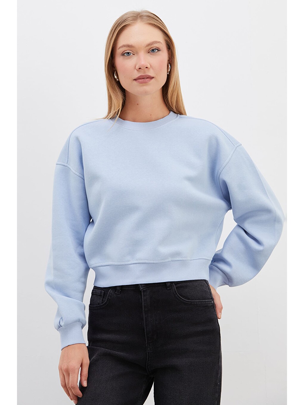 Mavi 3 İplik Basic Ribanalı Crop Sweatshirt-2