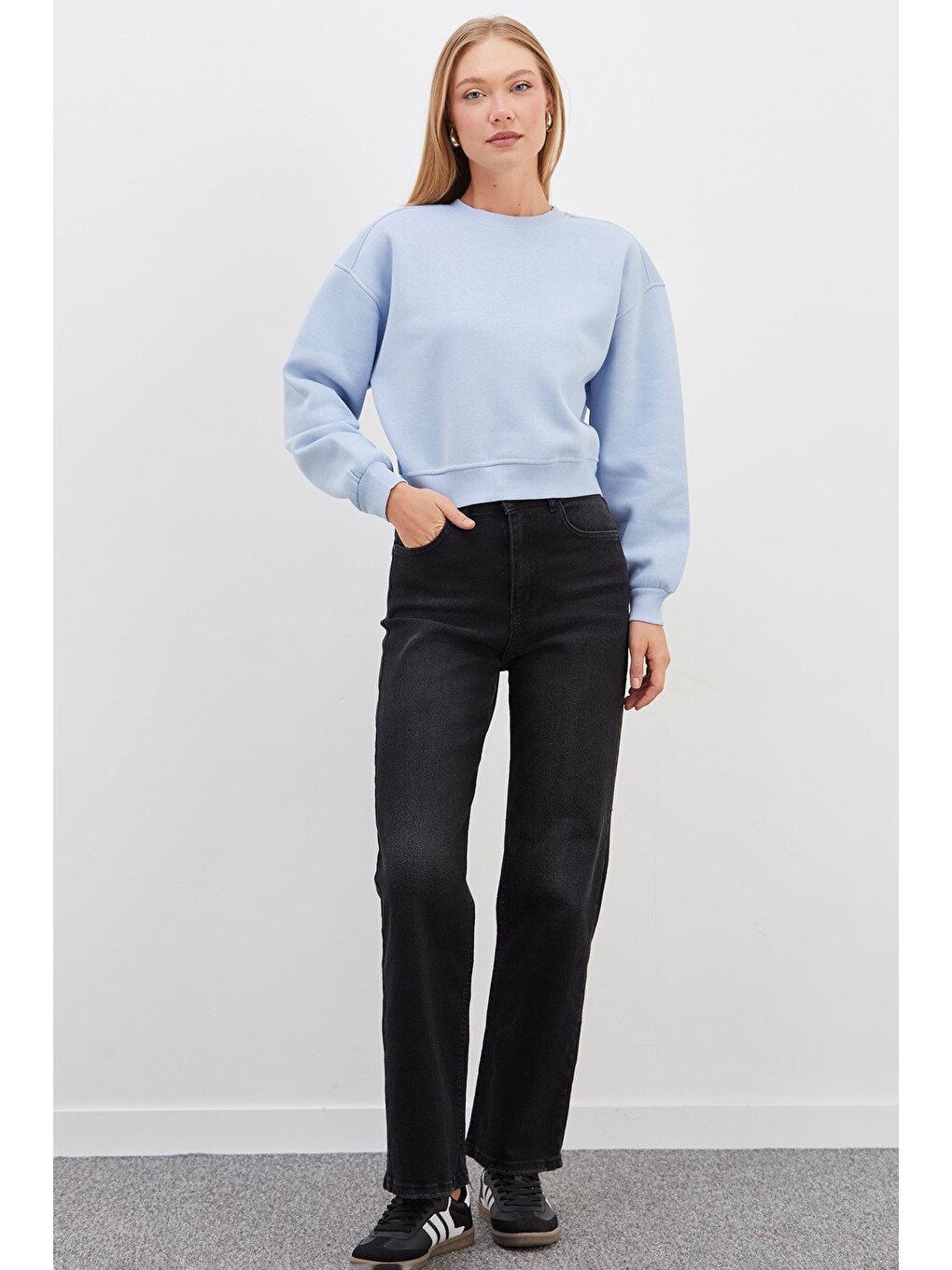 Mavi 3 İplik Basic Ribanalı Crop Sweatshirt-3