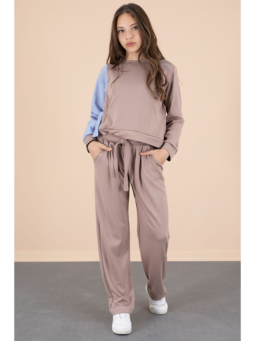 Mavi Çizgi Desenli Taş Detaylı Bluzlu Kız Çocuk Kuşaklı Pantolonlu 2li Takım 20661