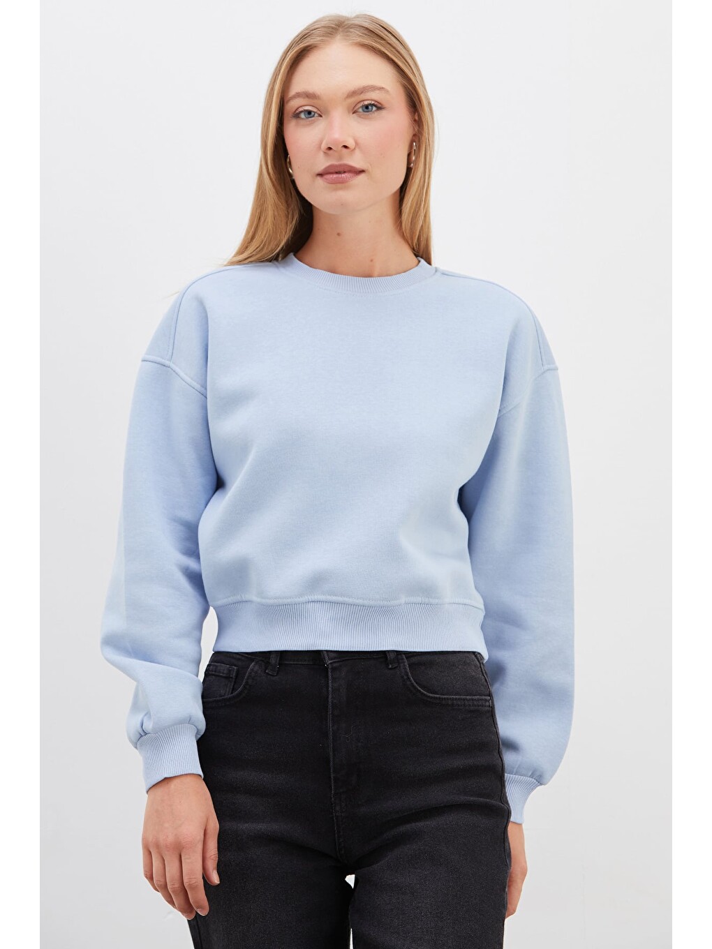 Mavi 3 İplik Basic Ribanalı Crop Sweatshirt-4