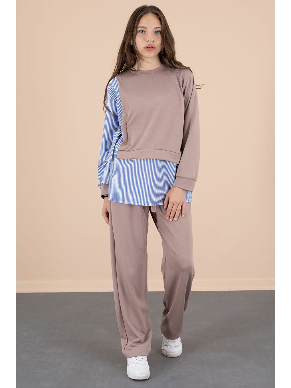 Mavi Çizgi Desenli Taş Detaylı Bluzlu Kız Çocuk Kuşaklı Pantolonlu 2li Takım 20661-1