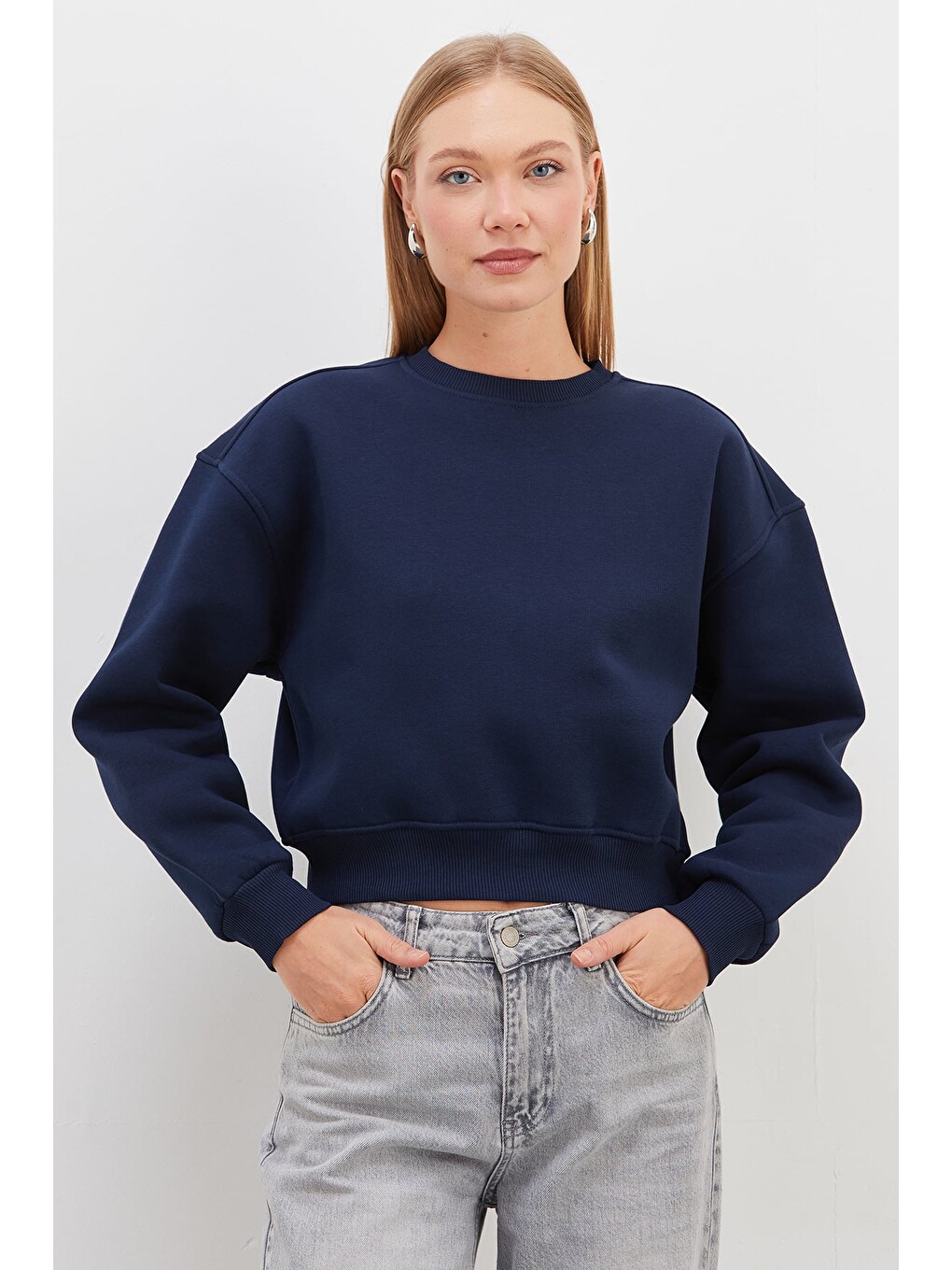 Lacivert 3 İplik Basic Ribanalı Crop Sweatshirt