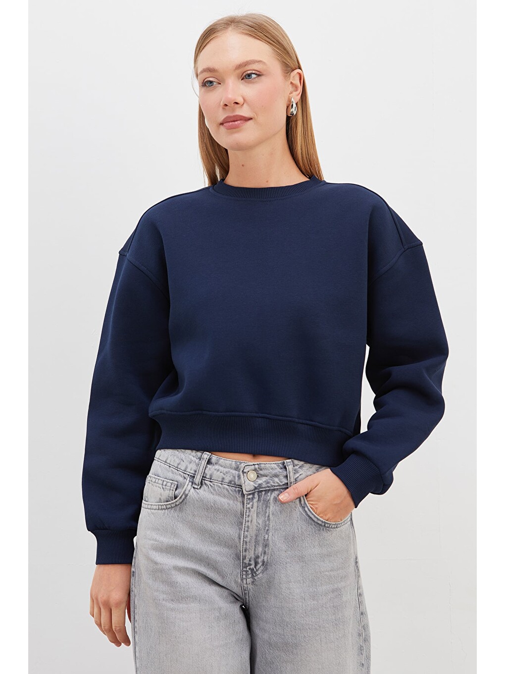 Lacivert 3 İplik Basic Ribanalı Crop Sweatshirt-1