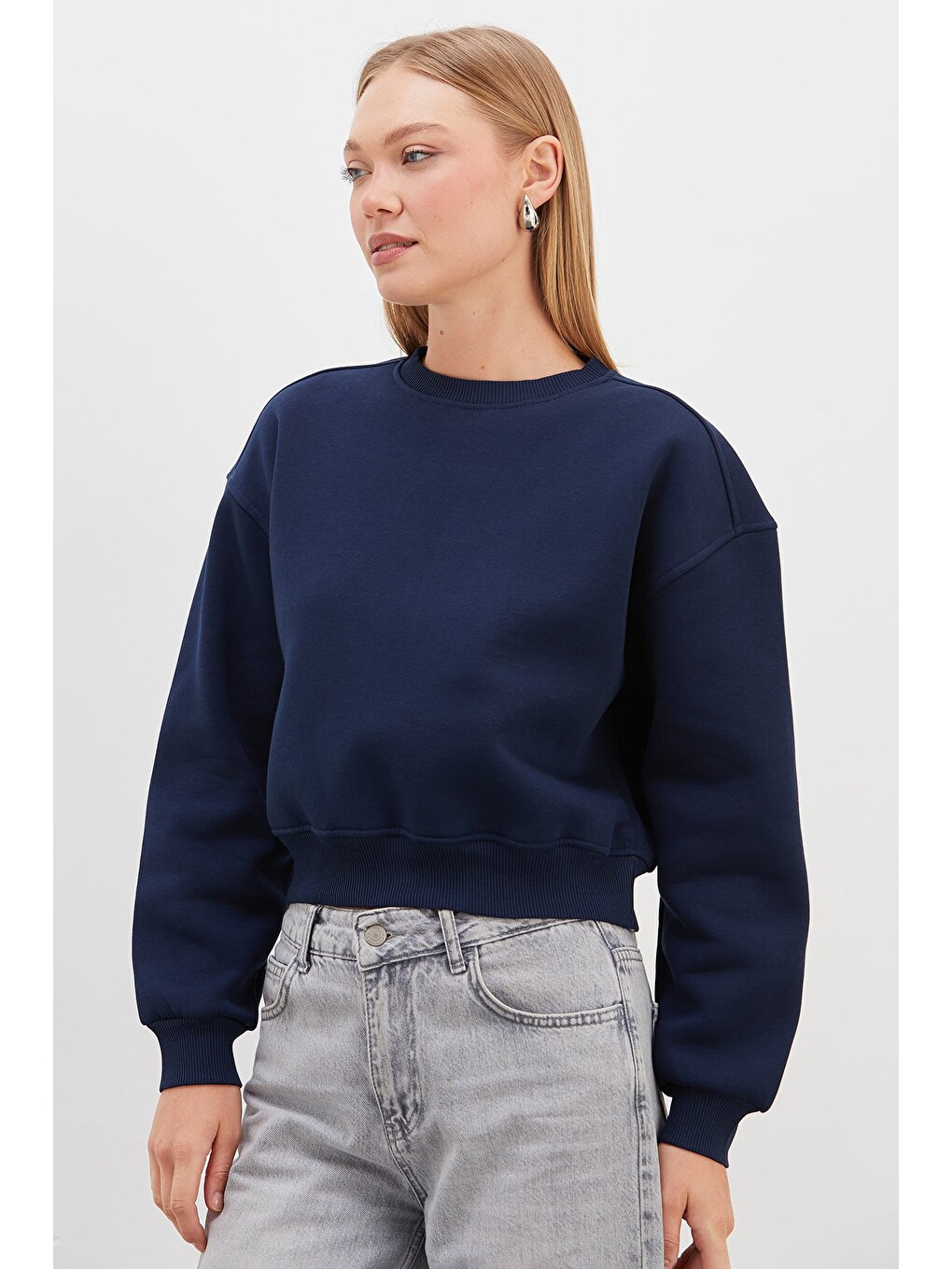 Lacivert 3 İplik Basic Ribanalı Crop Sweatshirt-2