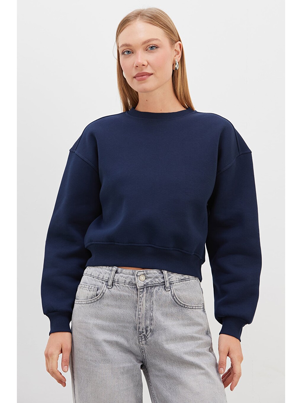 Lacivert 3 İplik Basic Ribanalı Crop Sweatshirt-3