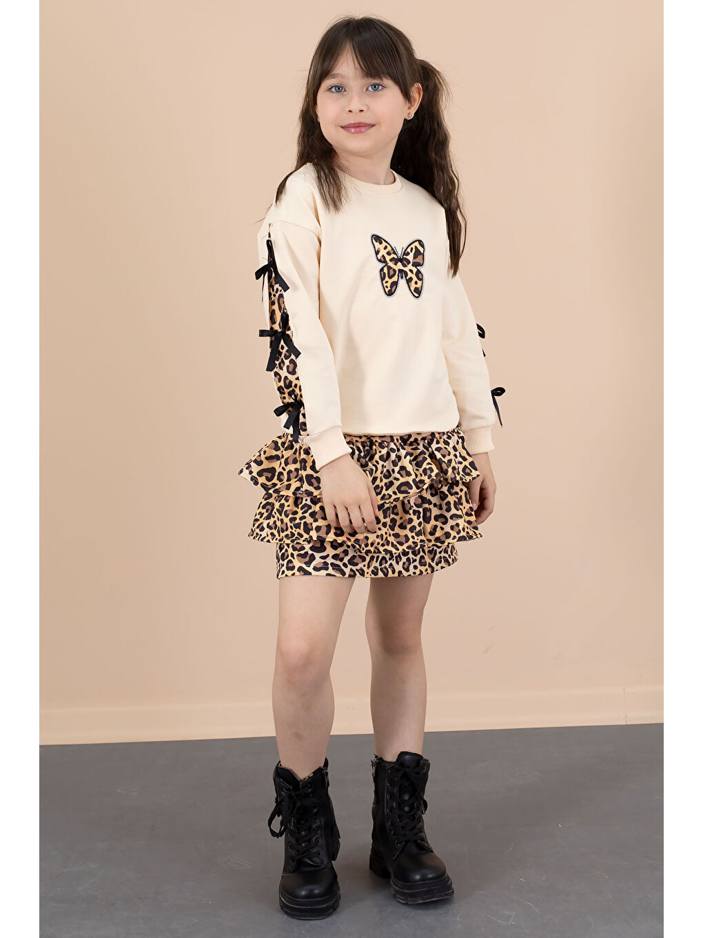 Ekru Krem Kelebek Desenli Badili Leopar Etekli Kız Çocuk Alt Üst Takım 20663-1