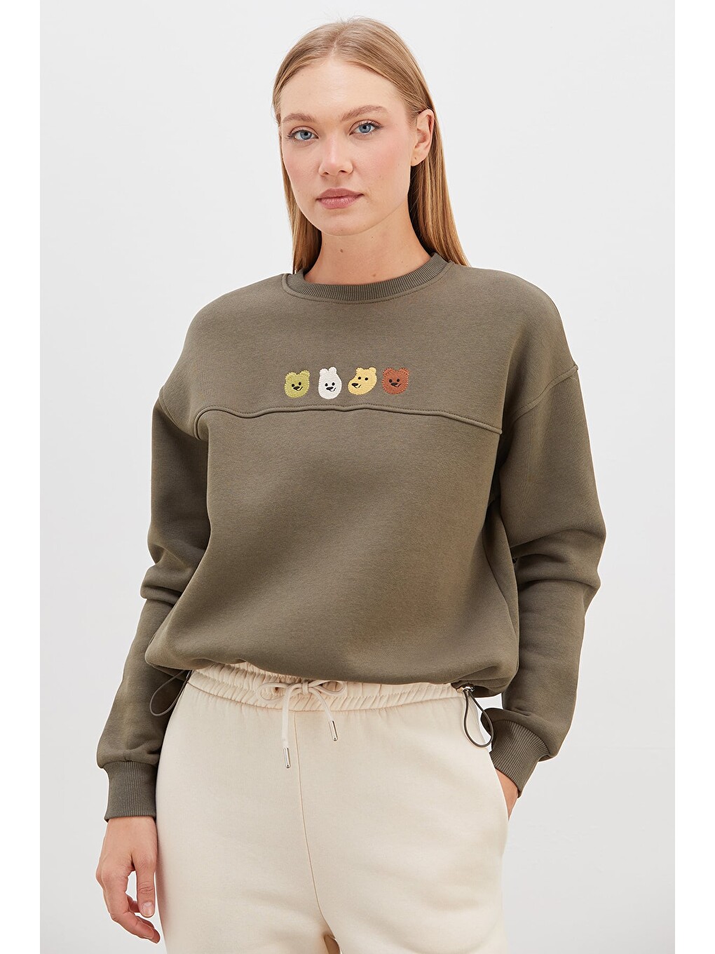 Haki 3 İplik Ayıcık Nakışlı Stoperli Oversize Sweatshirt