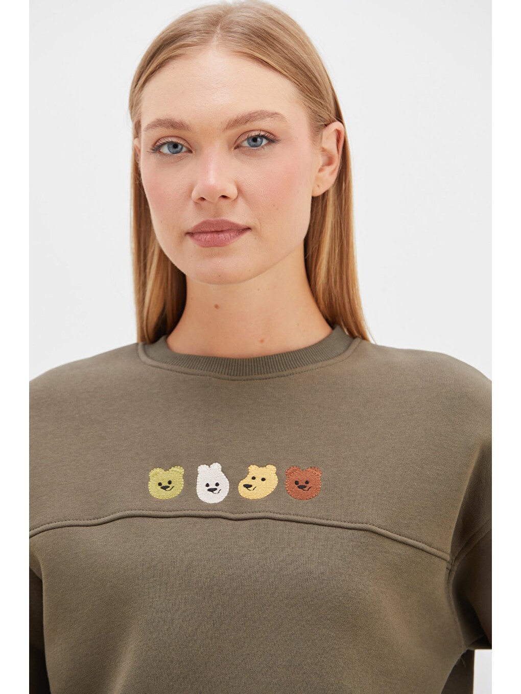 Haki 3 İplik Ayıcık Nakışlı Stoperli Oversize Sweatshirt-1