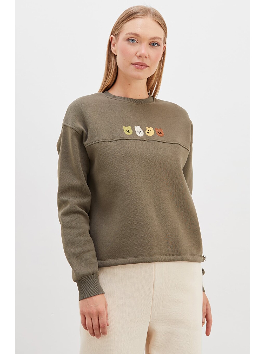 Haki 3 İplik Ayıcık Nakışlı Stoperli Oversize Sweatshirt-2