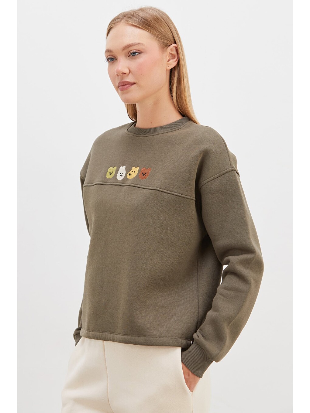 Haki 3 İplik Ayıcık Nakışlı Stoperli Oversize Sweatshirt-3
