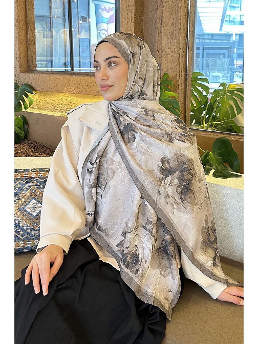 Kahverengi Flower Desen Bambu Şal Soft Kahve-2