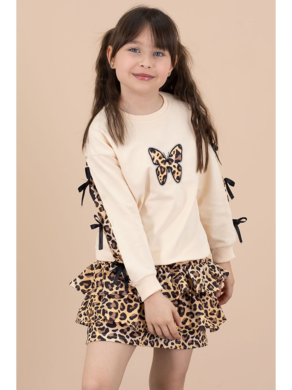 Ekru Krem Kelebek Desenli Badili Leopar Etekli Kız Çocuk Alt Üst Takım 20663-2