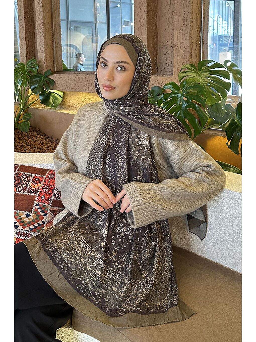 Retro Desen Bambu Şal Haki