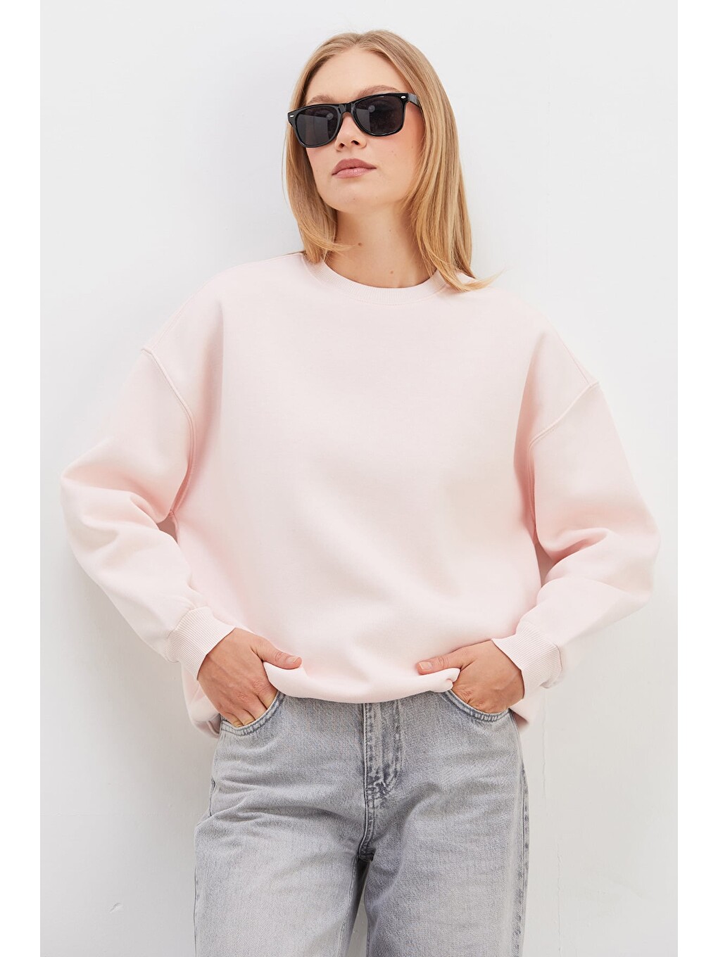 Pembe 3 İplik Basic Bisiklet Yaka Oversize Sweatshirt