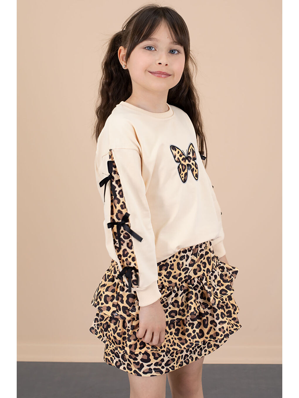 Ekru Krem Kelebek Desenli Badili Leopar Etekli Kız Çocuk Alt Üst Takım 20663-3