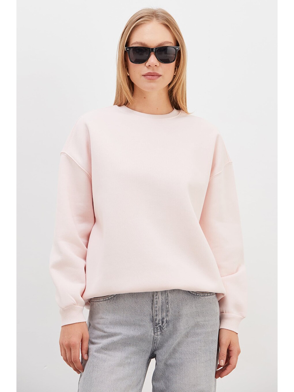Pembe 3 İplik Basic Bisiklet Yaka Oversize Sweatshirt-1