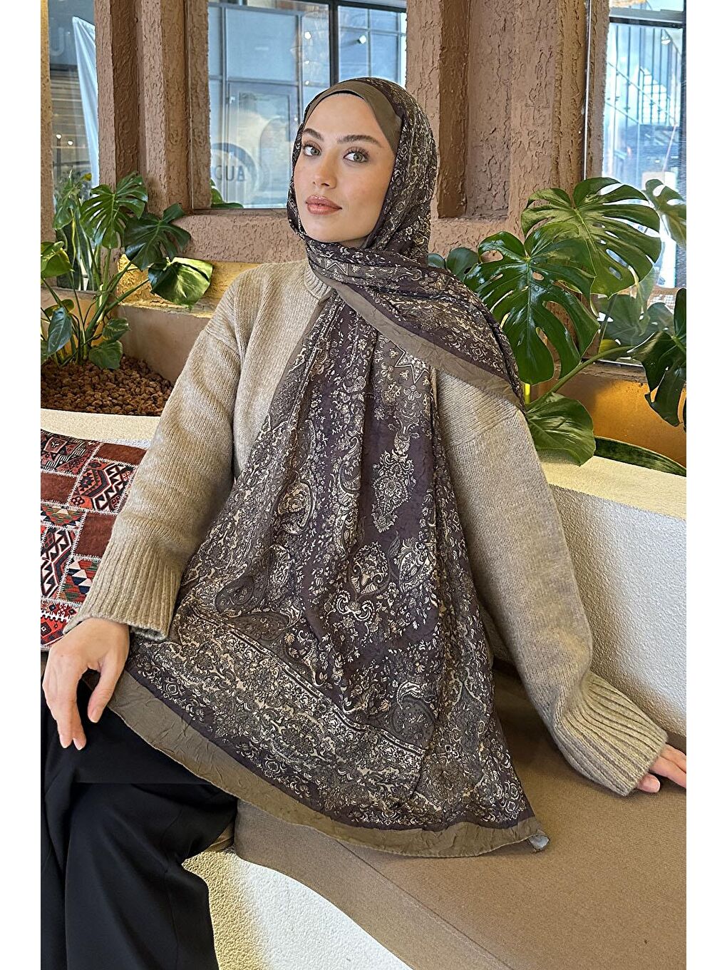 Retro Desen Bambu Şal Haki-1