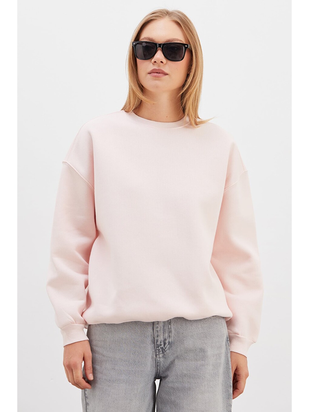 Pembe 3 İplik Basic Bisiklet Yaka Oversize Sweatshirt-3