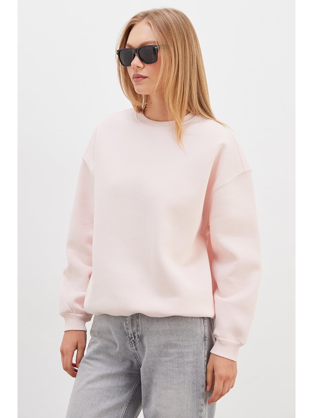 Pembe 3 İplik Basic Bisiklet Yaka Oversize Sweatshirt-4