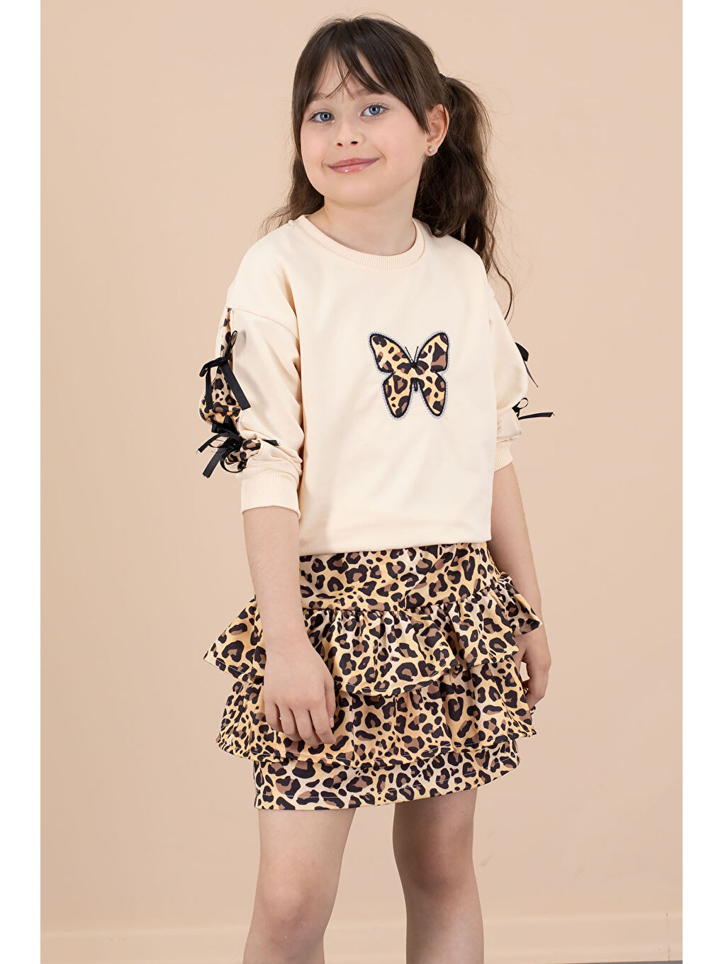Ekru Krem Kelebek Desenli Badili Leopar Etekli Kız Çocuk Alt Üst Takım 20663-4