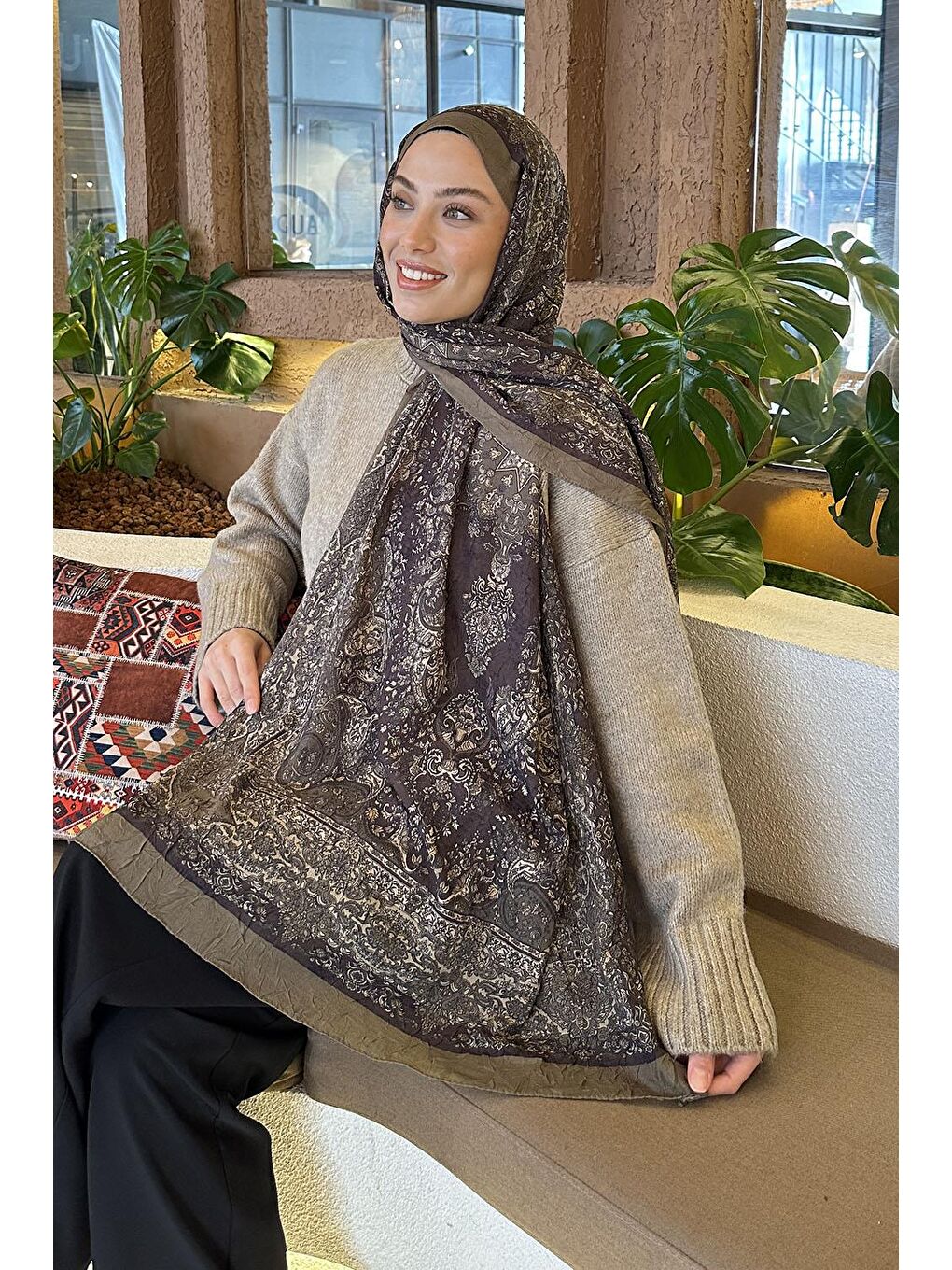 Retro Desen Bambu Şal Haki-2