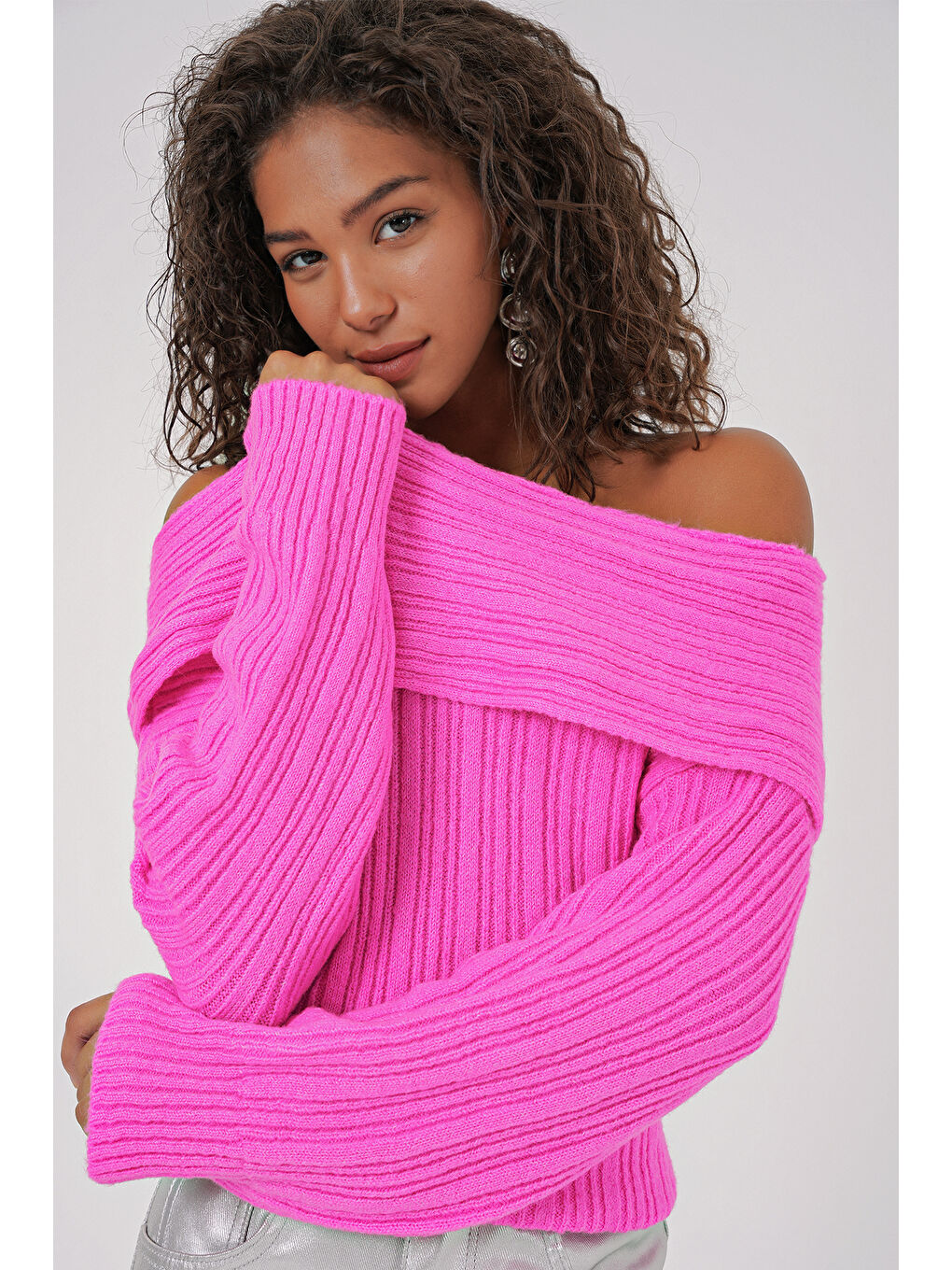 15908 Kadın Açık Omuz Oversize Triko Kazak - Pembe