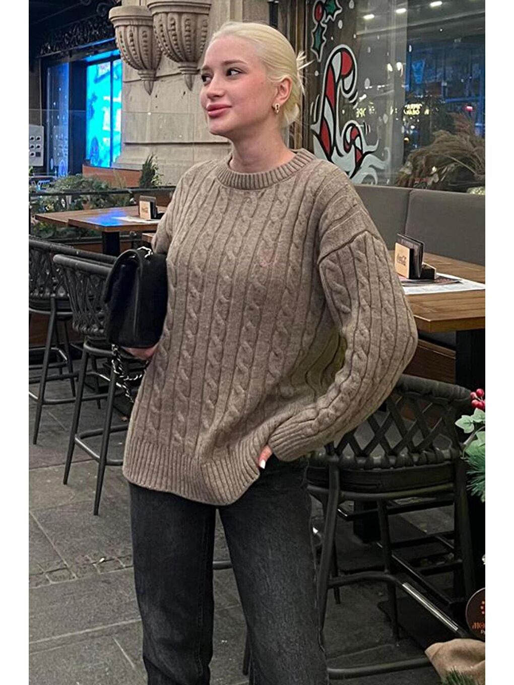 Bej Vizon Balıkçı Yaka Örgülü Triko Kazak Mg2336