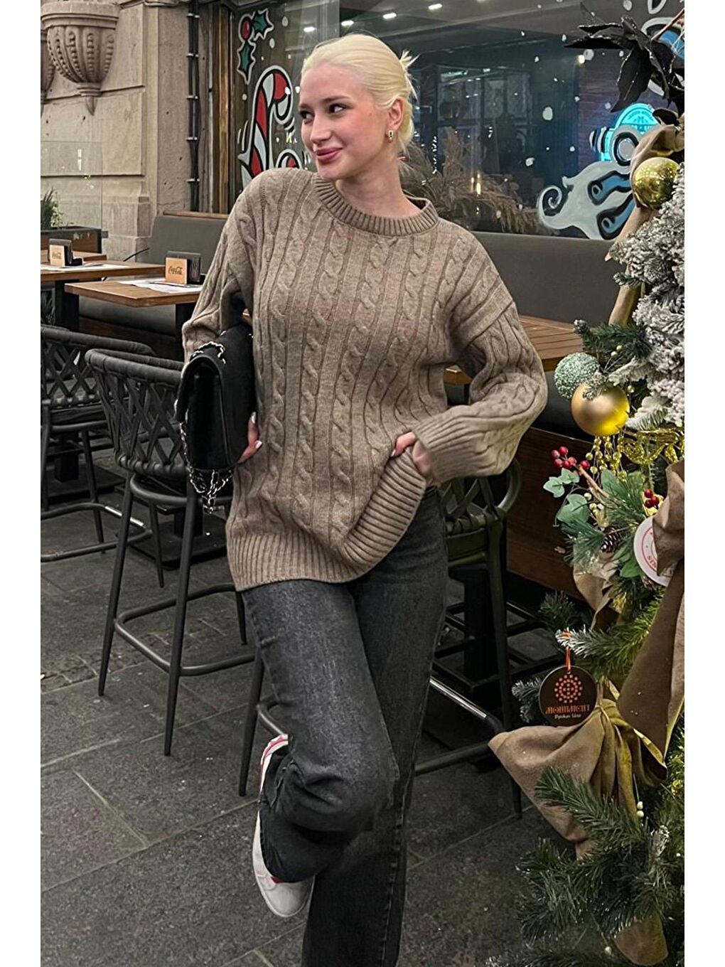 Bej Vizon Balıkçı Yaka Örgülü Triko Kazak Mg2336-1