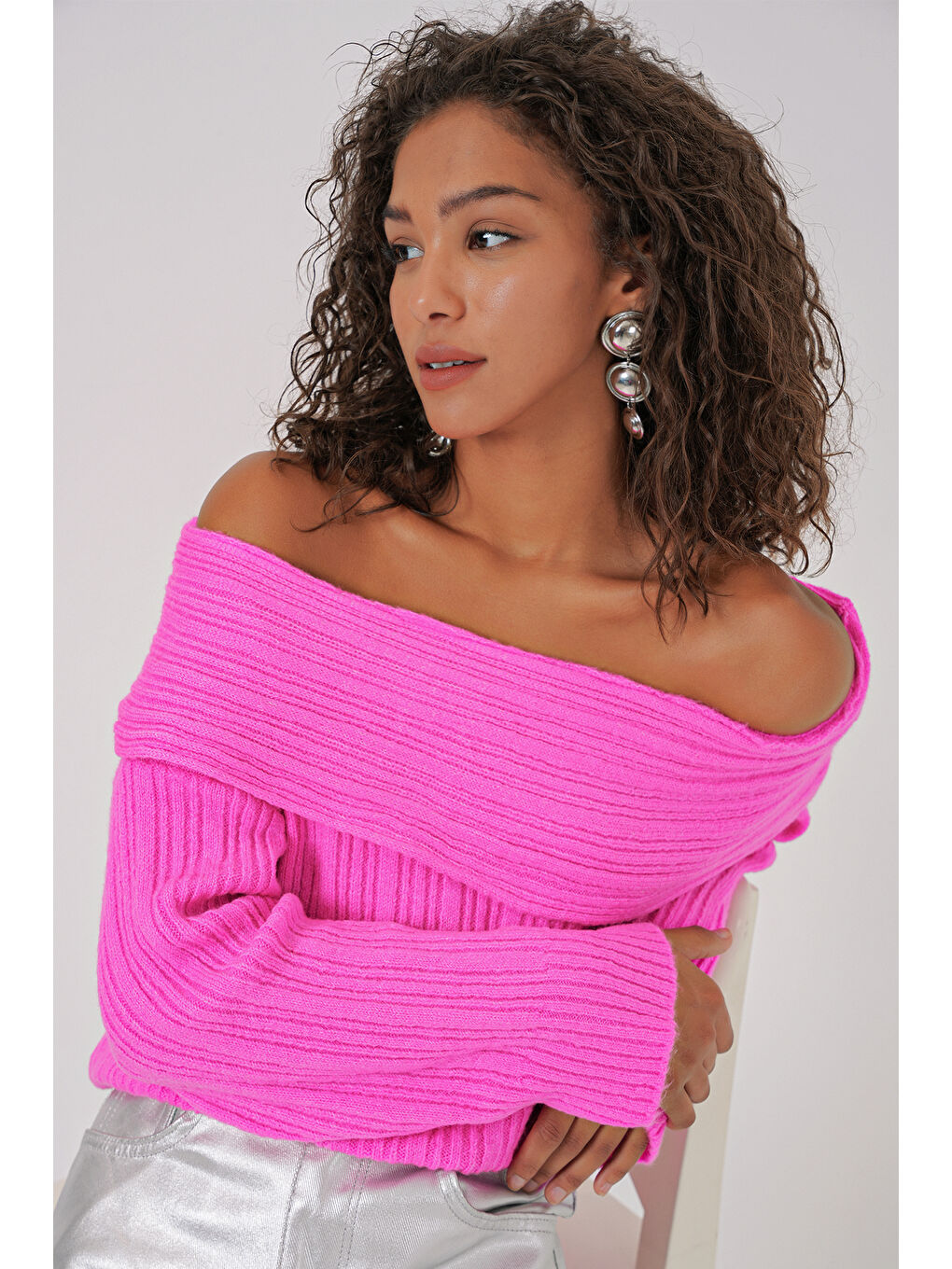 15908 Kadın Açık Omuz Oversize Triko Kazak - Pembe-2