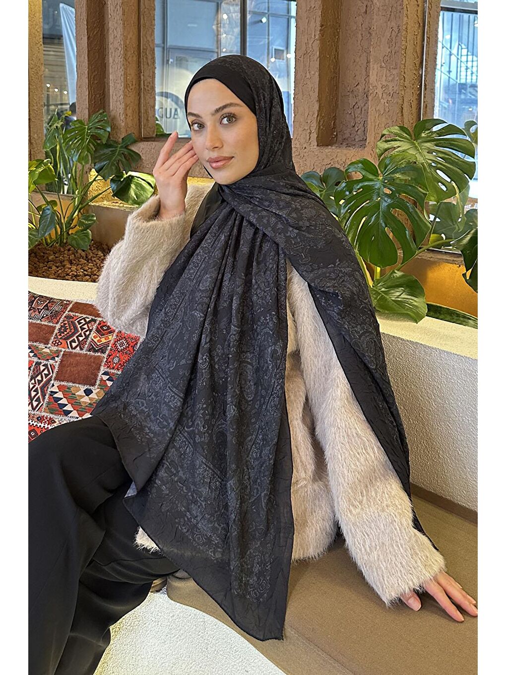 Retro Desen Bambu Şal Siyah Gri-1