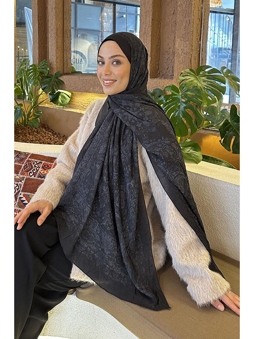 Retro Desen Bambu Şal Siyah Gri-2