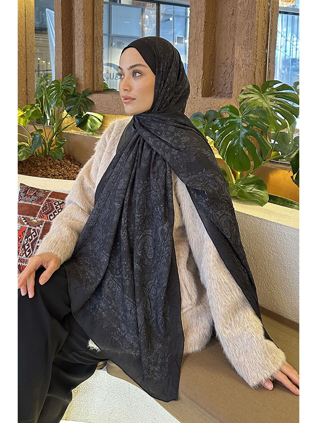 Retro Desen Bambu Şal Siyah Gri-3