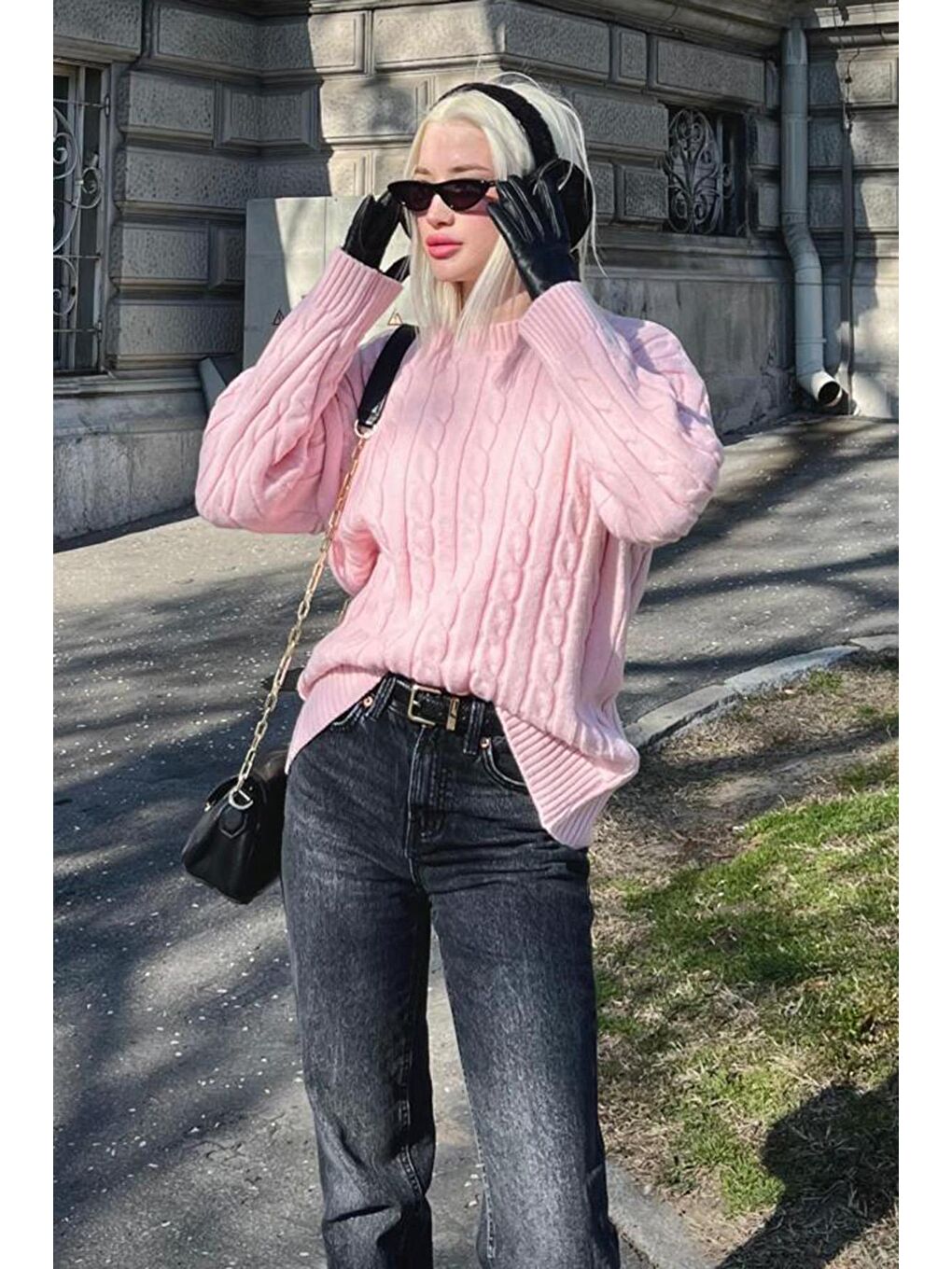 Pembe Balıkçı Yaka Örgülü Triko Kazak Mg2336