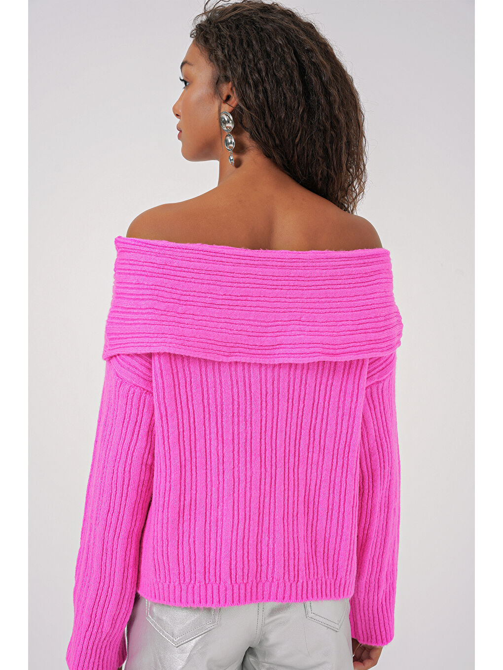 15908 Kadın Açık Omuz Oversize Triko Kazak - Pembe-5