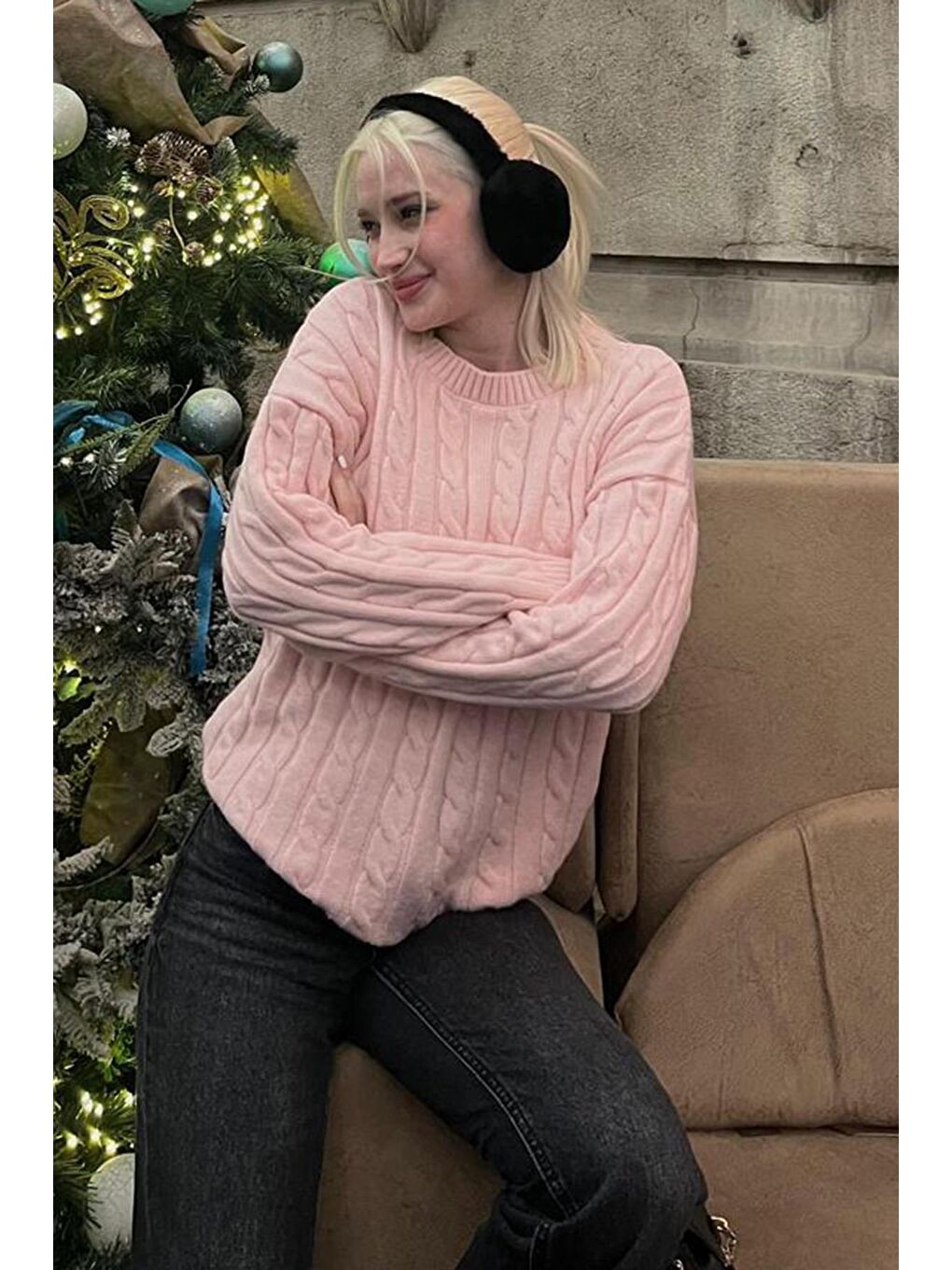 Pembe Balıkçı Yaka Örgülü Triko Kazak Mg2336-1