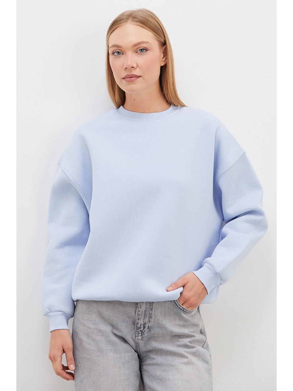 Mavi 3 İplik Basic Bisiklet Yaka Oversize Sweatshirt