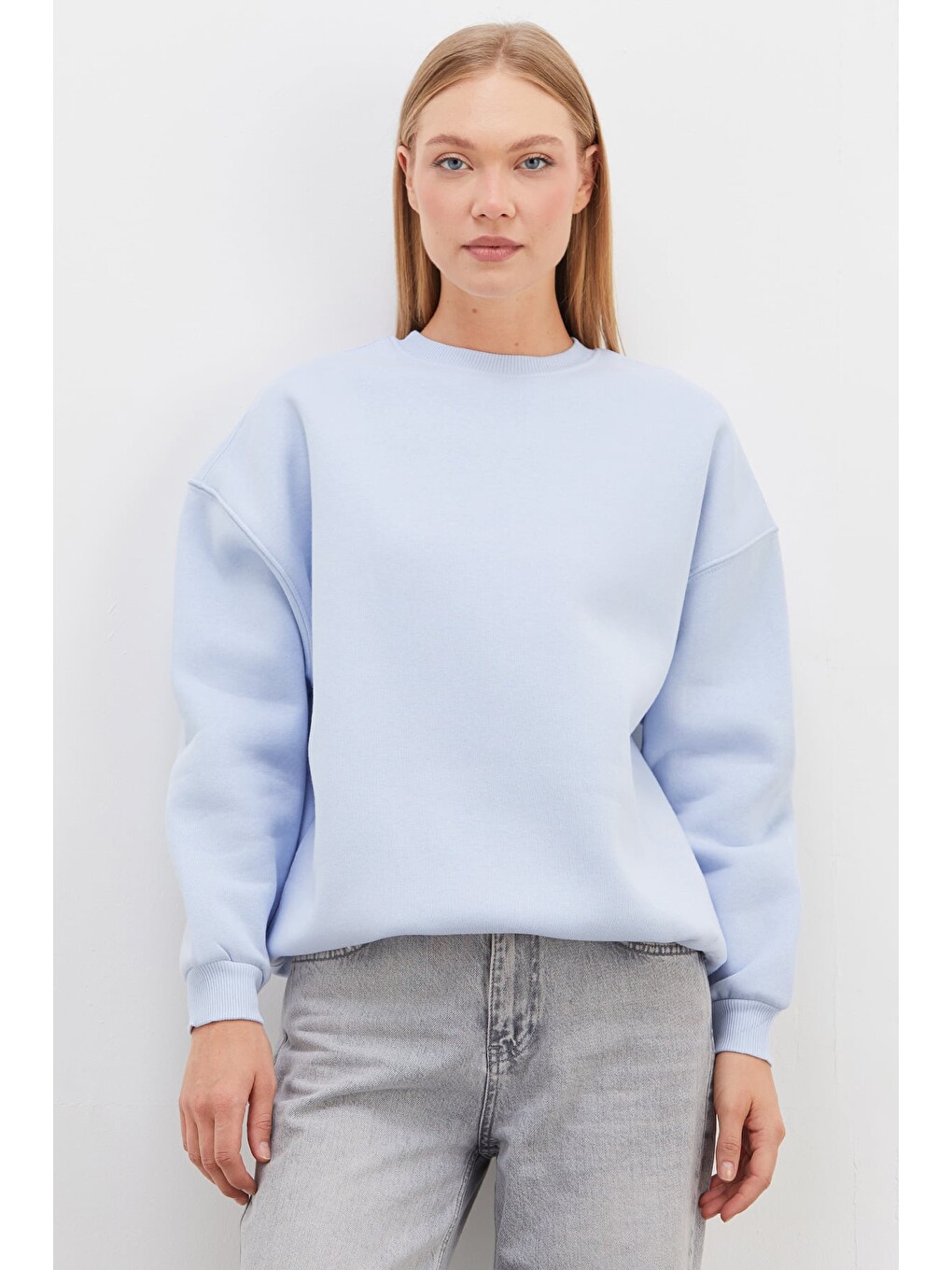 Mavi 3 İplik Basic Bisiklet Yaka Oversize Sweatshirt-1