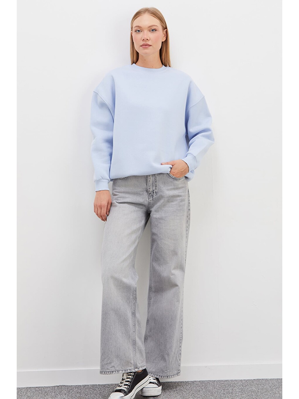 Mavi 3 İplik Basic Bisiklet Yaka Oversize Sweatshirt-2