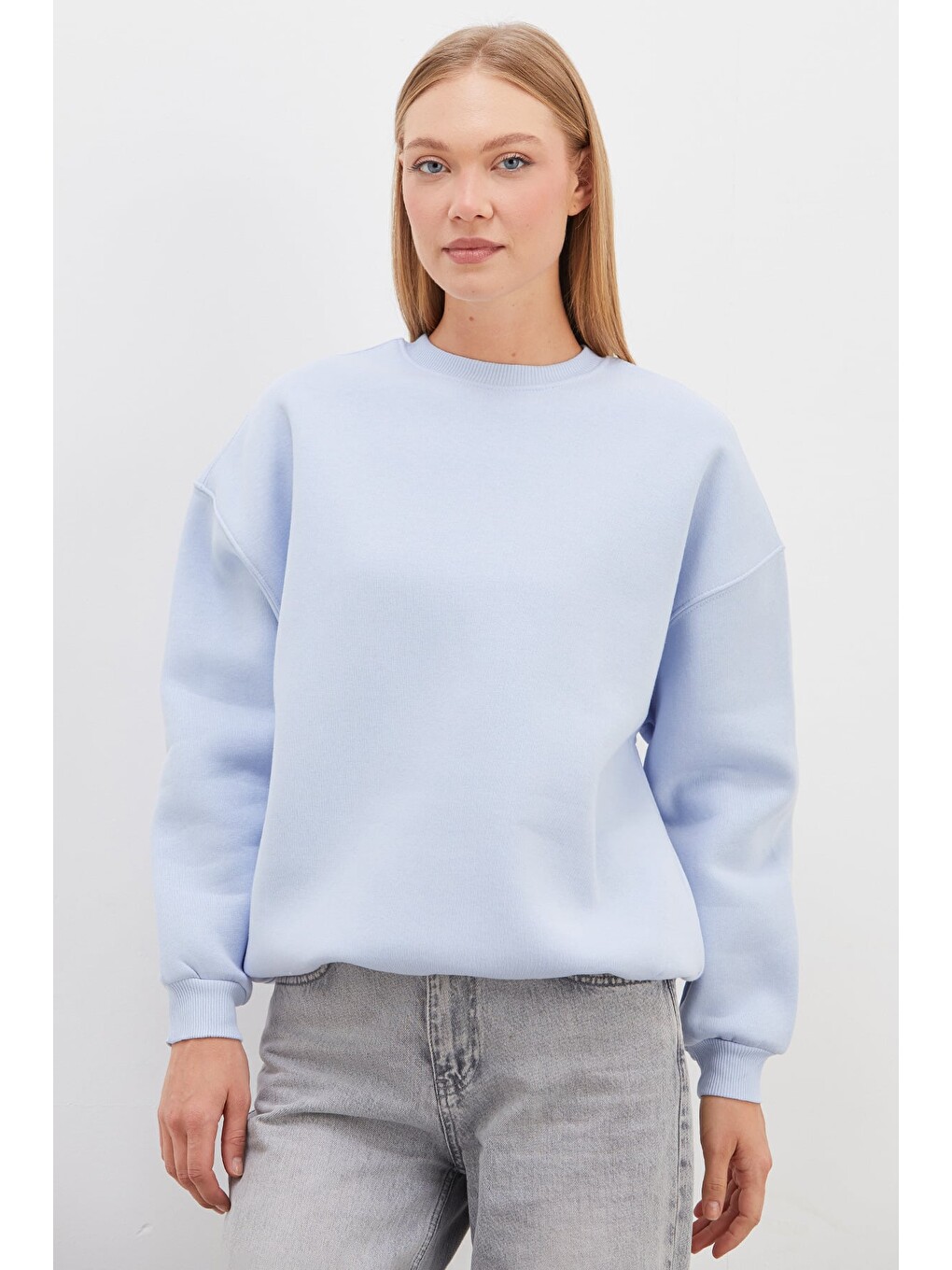 Mavi 3 İplik Basic Bisiklet Yaka Oversize Sweatshirt-3