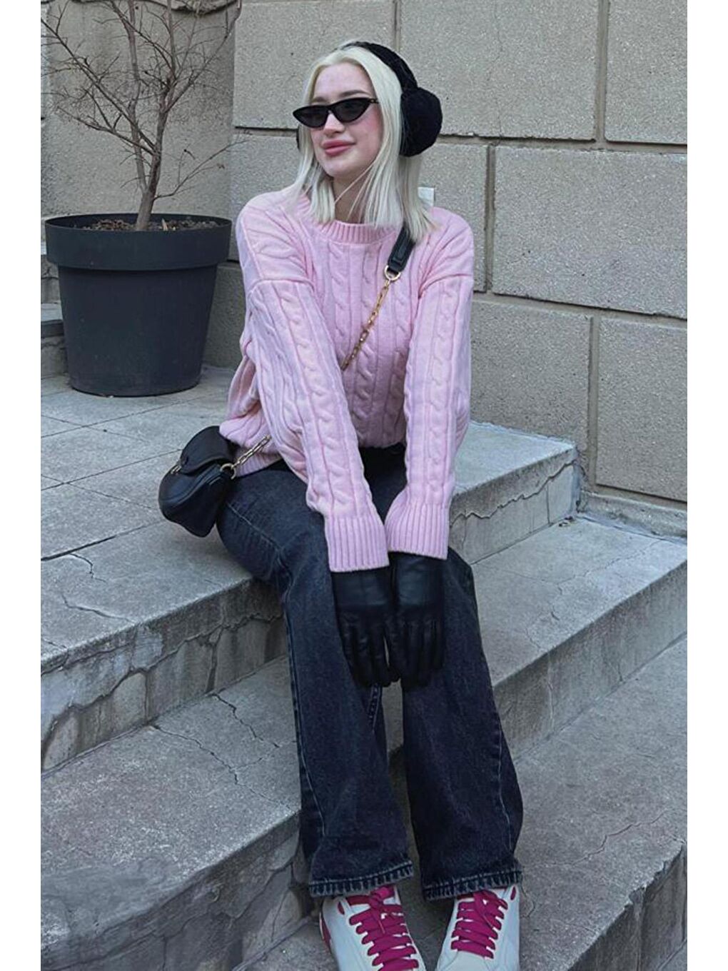 Pembe Balıkçı Yaka Örgülü Triko Kazak Mg2336-4