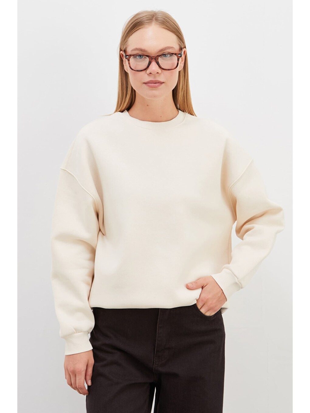 Bej 3 İplik Basic Bisiklet Yaka Oversize Sweatshirt-1