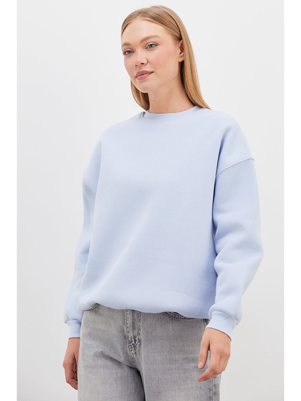 Mavi 3 İplik Basic Bisiklet Yaka Oversize Sweatshirt-4