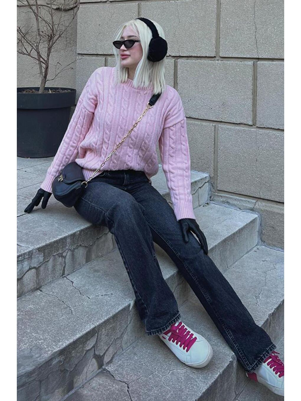 Pembe Balıkçı Yaka Örgülü Triko Kazak Mg2336-5