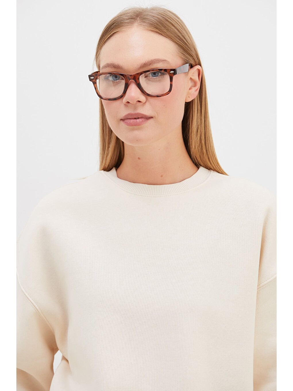 Bej 3 İplik Basic Bisiklet Yaka Oversize Sweatshirt-2