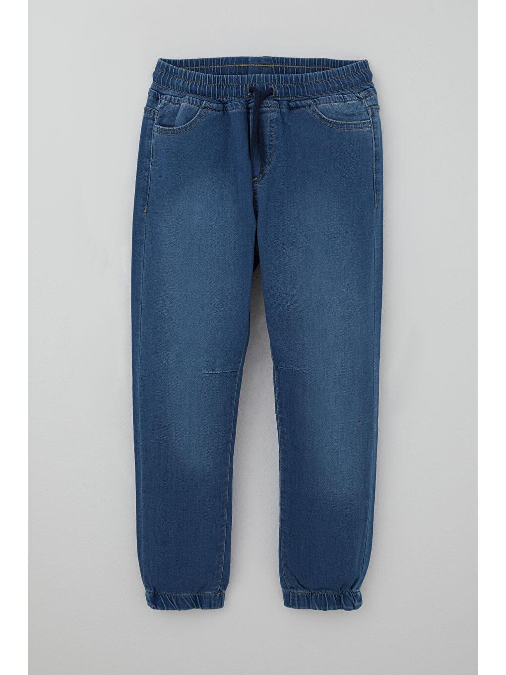 Erkek Çocuk Jean Pantolon Beli Paçası Lastkli Bağcıklı Mavi (6-10 Yaş)