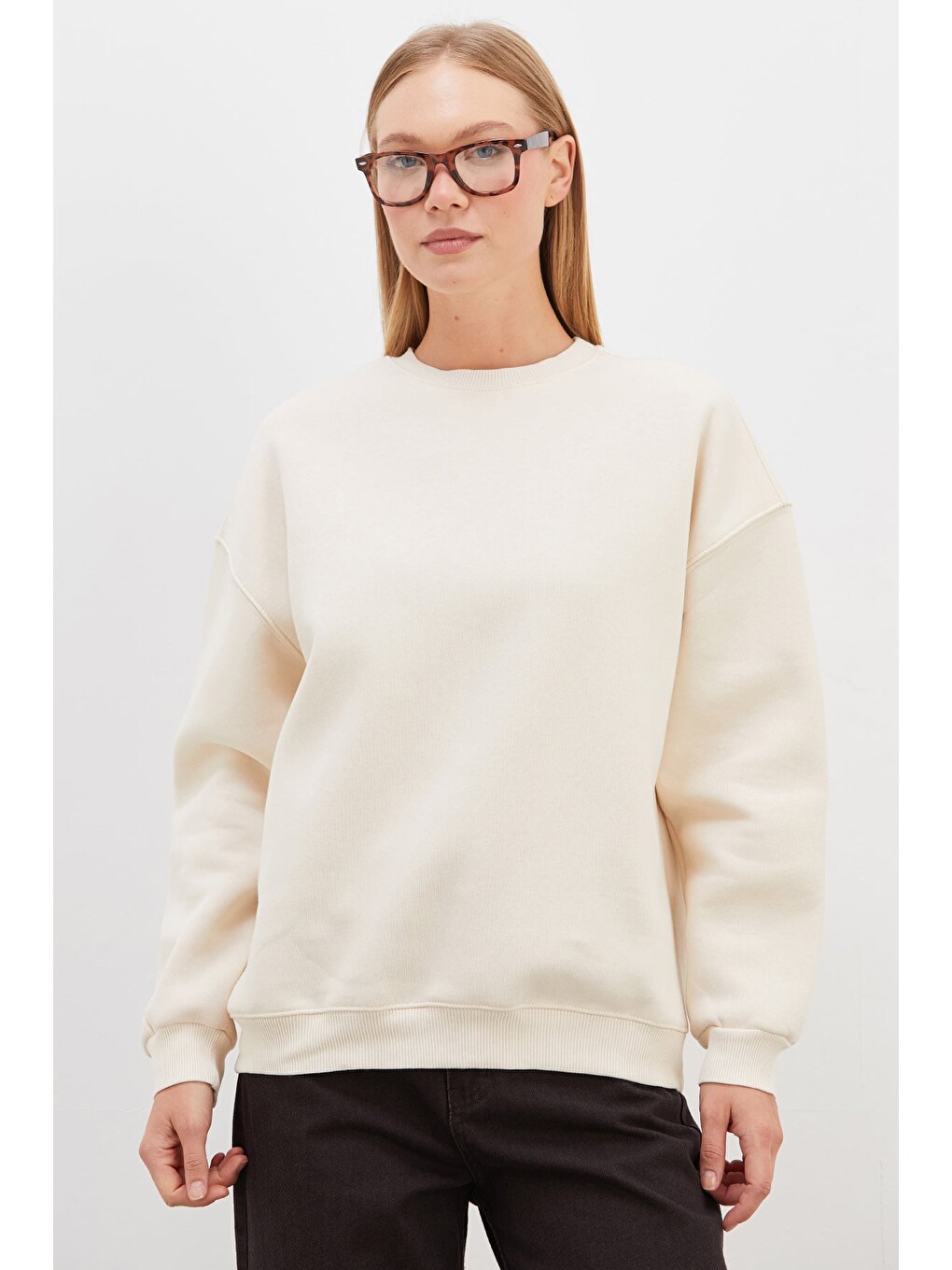 Bej 3 İplik Basic Bisiklet Yaka Oversize Sweatshirt-4